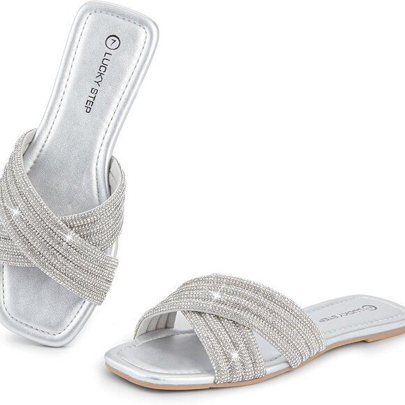 Women's Rhinestone Flat Sandals Open Toe Summer Bling Slip On Outdoor - Picture 1 of 9
